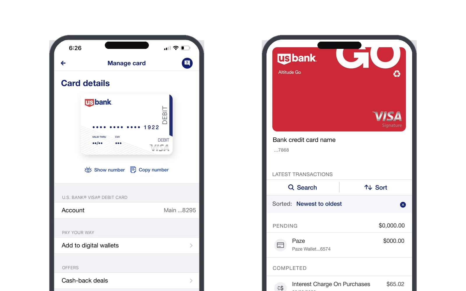 Paze — manage card, add to digital wallet, transaction history